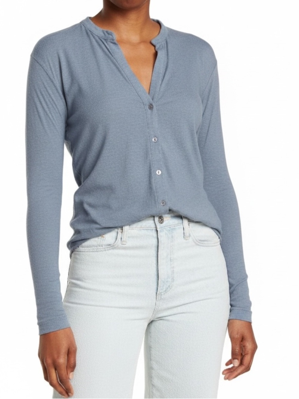 James Perse Size 3 Blue Gray Split V-Neck Button Front Long Sleeve Top Relaxed